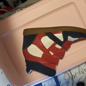 Red, blue. Tan sneakers